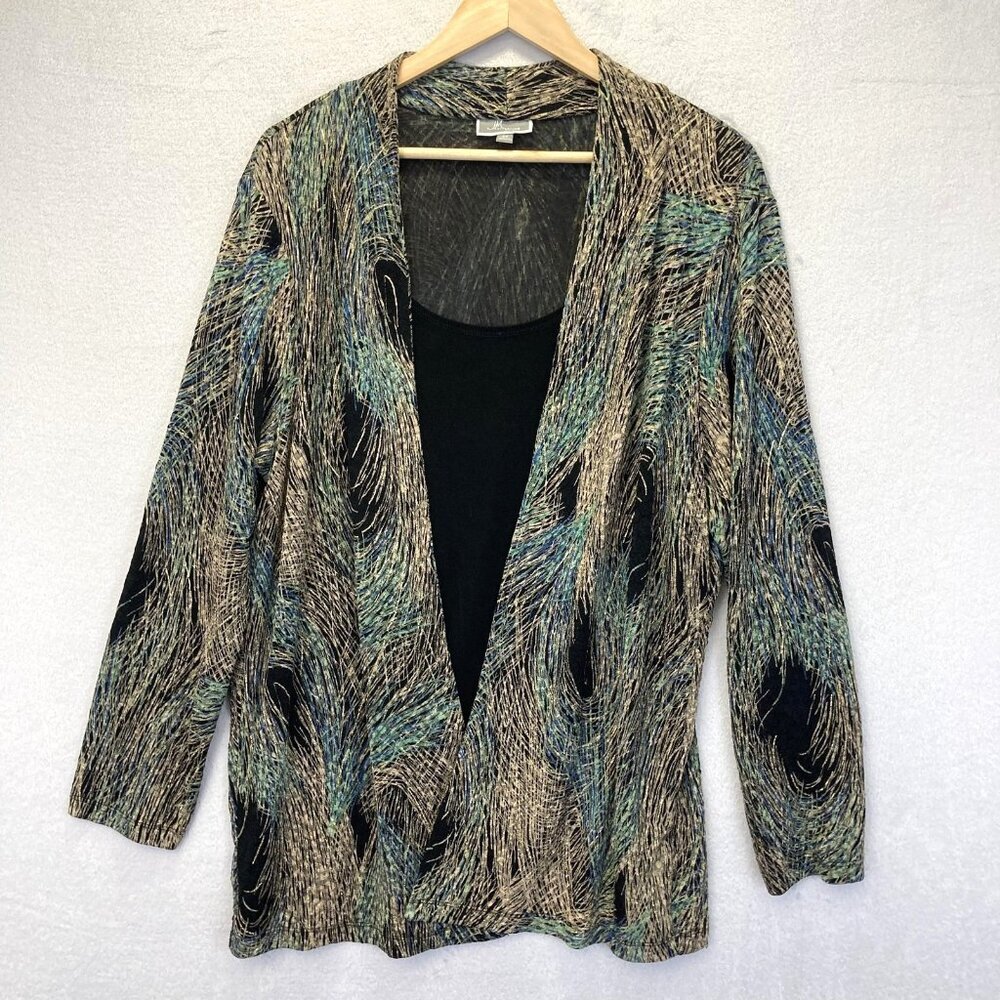 JM Collection Womens 2X Slinky Peacock Print Cardigan Black Gold Blue Open Front